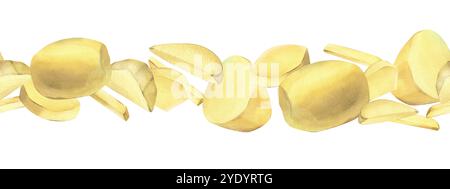 Weiße Kartoffeln, geschält, ganz, zur Hälfte, in Scheiben und Stäbchen für Pommes frites geschnitten. Handgezeichnete Aquarellillustration zum Thema Kochen, Essen Stockfoto