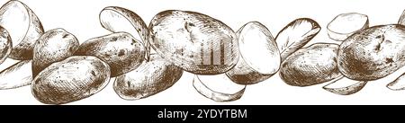Kartoffeln ganz, halb, geschnitten, geschält und mit Keilen nahtlos umrandet. Grafische Abbildung, handgezeichnet mit brauner Tinte. EPS-Vektor zum Thema Erntekochen Stock Vektor