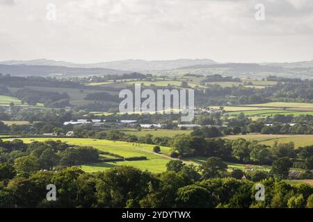 Ackerfelder, Patchworkwälder und kleine Dörfer füllen das Otter Valley unter den Hügeln von East Devon, England. Stockfoto