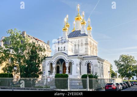 Die Russisch-Orthodoxe Kirche in Genf, Schweiz. Die als Eglise Russe bekannte Kirche wurde 1866 erbaut. Stockfoto