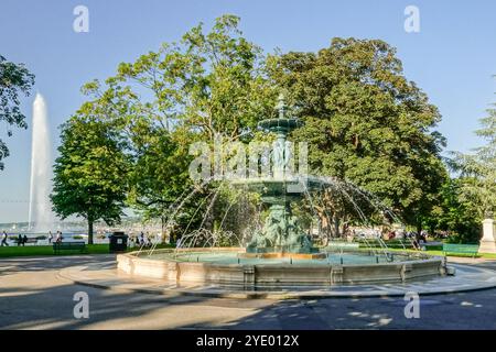 Four Seasons Fontaine des Quatre-Saisons im Jardin Anglais in Genf, Schweiz. Stockfoto