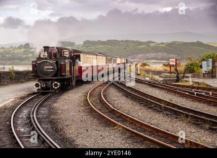 Eine Dampfeisenbahn fährt entlang der Schmalspurbahn Ffestiniog, die gebaut wurde, um Schiefer von den Bergen von Snowdonia zum Hafen von Porthmadog zu transportieren. Stockfoto