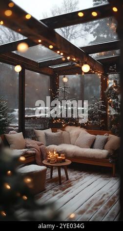 Gemütliches Zimmer mit Sofas und Kerzen auf dem Couchtisch. Heiligabend Im Winter. Es gibt Glühbirnen im Zimmer vertikale Bildergeschichten. Stockfoto