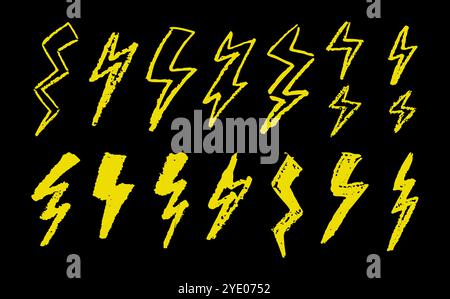 Set von Blitz durch Wachsstift Zeichnung. Sammlung von Handzeichnkreide, Lichterblinkschildern, Doodle Thunder Bolts, gelben Designelementen Stock Vektor