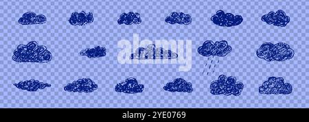 Set abstrakter Bleistiftwolken. Handgezeichneter Cartoon bewölkter Nachthimmel. Vektor-Illustration der Sammlung von blauem Wirbel auf PNG-Hintergrund. Imitation eines Stock Vektor