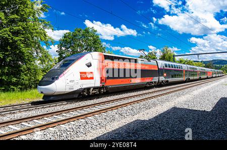 Böztal, Schweiz, 19. Mai 2024: Zwischen Basel und Zürich verkehrt ein TGV-Zug. Der Zug bietet die tägliche Verbindung zwischen den Schweizern Stockfoto