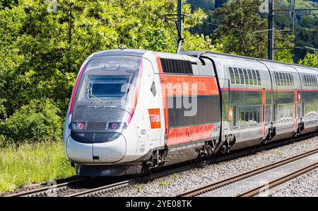 Böztal, Schweiz, 19. Mai 2024: Zwischen Basel und Zürich verkehrt ein TGV-Zug. Der Zug bietet die tägliche Verbindung zwischen den Schweizern Stockfoto