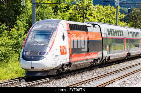 Böztal, Schweiz, 19. Mai 2024: Zwischen Basel und Zürich verkehrt ein TGV-Zug. Der Zug bietet die tägliche Verbindung zwischen den Schweizern Stockfoto