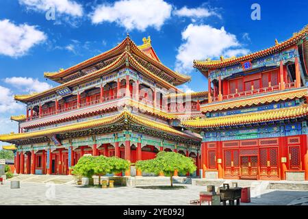 Wunderschöner Blick auf den Yonghegong Lama Tempel. Peking. Stockfoto