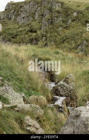 Ein schmaler Bach schlängelt sich durch eine hügelige Landschaft, eingerahmt von felsigen Hängen und dicken grünen Rasenflächen. Die umliegenden Steine, bedeckt mit Stockfoto