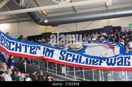 Kloten, Schweiz, 18. Oktober 2024: Die Fans der ZSC Lions zeigen ihre Choreografie „Meister im Schlufweg“ auf der Stehtribüne. Stockfoto