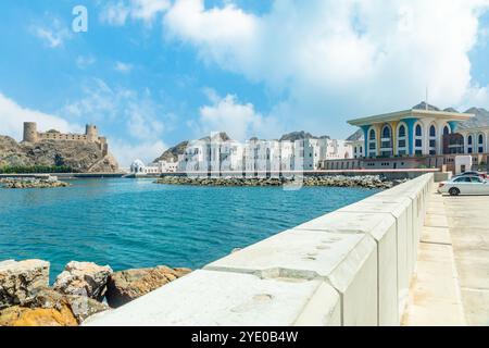 Blick auf die arabische Al Jalali-Burg auf den Felsen und den königlichen Al Alam-Zeremonialpalast des Sultans, Muskatins und Oman Stockfoto