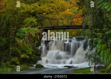 Zlaty Bach und Wasserfall in der Nähe kleiner Teiche am Herbstabend in Opocno Stadt Stockfoto