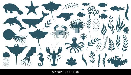 Silhouetten-Set mit verschiedenen Meeresbewohnern und Meerespflanzen. Stock Vektor