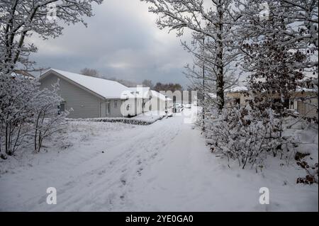 Eine ruhige Winterszene bietet einen schneebedeckten Weg, der von Häusern umgeben ist. Die Landschaft ist ruhig und zeigt die Schönheit der Natur in wh Stockfoto