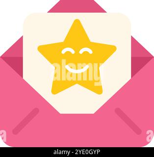 Offener Umschlag mit einem lächelnden Stern auf einem weißen Blatt Papier, der positives Feedback, gute Nachrichten oder Kundenzufriedenheit symbolisiert Stock Vektor