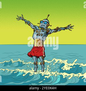 Freiheit der künstlichen Intelligenz. Der Roboter spreizt seine Arme im Ozean. Sommeranwendungen für das Telefon. Stock Vektor