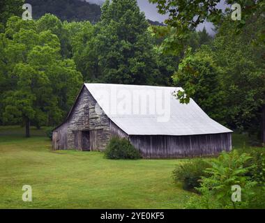 Ein dunkler Himmel droht schlechtes Wetter auf einer Appalachen-Farm. Die Scheune ist mit dem Alter verblasst und das Frühlingsgrün bedeckt Gras und Bäume. Stockfoto