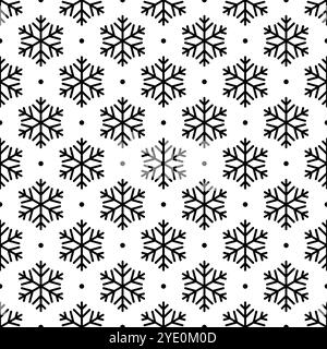 Nahtloses Schneeflocken-Muster. Sich wiederholende Schneeflockenmuster. Winterdesign für Prints. Wiederholter schwarzer fallender Schnee isoliert auf weißem Hintergrund. Kritzeleien Stock Vektor