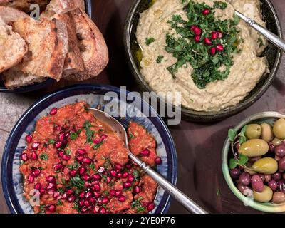 Mezze-Platte mit Muhammara, Hummus, Baba Ganoush, Fetakäse und Oliven Stockfoto