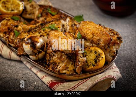 Ganze gebratene Hähnchenplatte garniert mit gebratenem Knoblauch und Zitronen Stockfoto