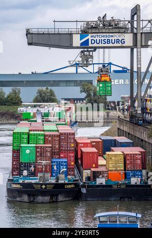 Hafen Duisburg Ruhrort, Container Frachtschiff wird am DeCeTe, Duisburger Container-Terminal, BE- und entladen, duisport, Duisburger Hafen AG, Duisburg, NRW, Deutschland, Containerhafen Dusiport *** Hafen Duisburg Ruhrort, Containerfrachter wird be- und entladen bei DeCeTe, Duisburger Containerterminal, duisport, Duisburger Hafen AG, Duisburg, NRW, Deutschland, Containerhafen Dusiport Stockfoto