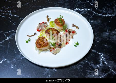 Geschmorter Fenchel und gebratene Jakobsmuscheln auf einem Teller mit Fenchelpüree und Fenchelfrans Stockfoto