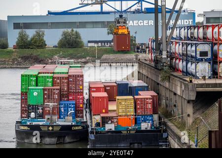 Hafen Duisburg Ruhrort, Container Frachtschiff wird am DeCeTe, Duisburger Container-Terminal, BE- und entladen, duisport, Duisburger Hafen AG, Duisburg, NRW, Deutschland, Containerhafen Dusiport *** Hafen Duisburg Ruhrort, Containerfrachter wird be- und entladen bei DeCeTe, Duisburger Containerterminal, duisport, Duisburger Hafen AG, Duisburg, NRW, Deutschland, Containerhafen Dusiport Stockfoto