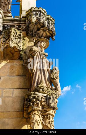 Statue mit Löwe an der Fassade des Breslauer Doms (Katedra św. Jana Chrzciciela) auf der Dominsel in Breslau, Polen Stockfoto