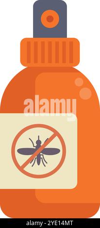 Orangefarbene Spritzflasche aus Kunststoff zum Schutz vor Mücken mit Insektensymbol im roten gekreuzten Kreis Stock Vektor