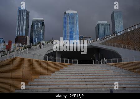 Blick auf die Skyline von Downdown Seattle, Washington, USA vom Wasserpark, Pier 62. Stockfoto