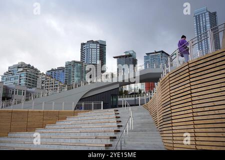 Blick auf die Skyline von Downdown Seattle, Washington, USA vom Wasserpark, Pier 62. Stockfoto