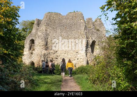 Besucher des achteckigen Donjons von Odiham Castle, auch bekannt als King John's Castle, neben dem Basingstoke Canal an einem Herbsttag in England, Großbritannien Stockfoto