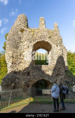 Besucher des achteckigen Donjons von Odiham Castle, auch bekannt als King John's Castle, neben dem Basingstoke Canal an einem Herbsttag in England, Großbritannien Stockfoto