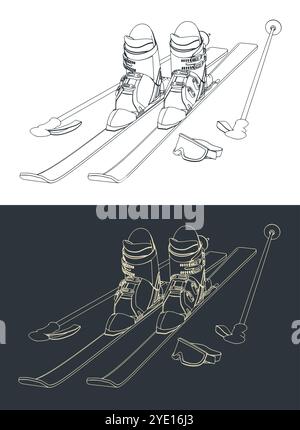 Skiausrüstung. Skier, Skischuhe, Stöcke, Skibrillen Stock Vektor
