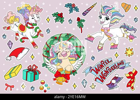 Weihnachtskollektion mit Wintereinhörnern, Geschenken, stechpalme- und Neujahrselementen. Vektorabbildung. Für Winterfest, Feier, Party, Druck Stock Vektor