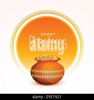 Happy Dhanteras Feier Hintergrund mit Goldmünze im Topf Stock Vektor