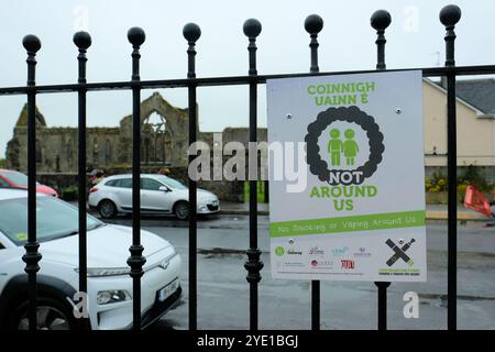 Anti-Raucher-Schild an einem schmiedeeisernen Zaun im Athenry Park in Athenry, County Galway, Irland; Kampagne „Not around US“, in der das Rauchen und Verdampfen verboten ist. Stockfoto