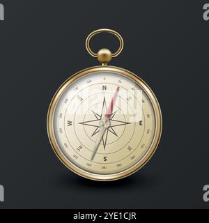 Realistischer 3D-Vektor-Kompass mit goldenem Metallic-Rahmen, Illustration des Navigationswerkzeugs. Vintage Windrose Symbol auf Zifferblatt, Kompasssymbol Nahaufnahme, isoliert Stock Vektor
