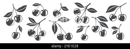 Niedliches Set Mit Schwarzweiß-Ausschnitt In Cartoon-Silhouette Und Kirschsymbol. Einzeln, ein Paar Kirschen und eine Gruppe Kirschen mit Blättern Clipart. Kirschkunst, Design Stock Vektor