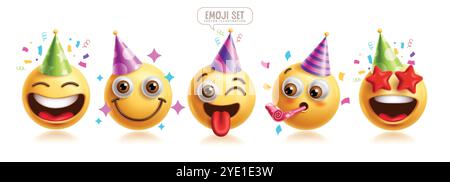 Emojis Geburtstagsparty Emoticon Charaktere Vektor Set. Emoticons Geburtstagsmaskottchen, Kostüm, glücklich, lächelnd und tragend Hut 3D Grafik Elemente Charakter Stock Vektor