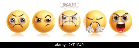 Emoji Angry Emoticon Charaktere Vektor Set. Emojis Emoticons Charakter mit wahnsinnigen, stressigen, verärgerten, traurigen, ernsten und schreienden Gesichtsausdrücken Stock Vektor