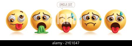 Emoji kranke Emoticon-Zeichen Vektorsatz. Emojis Emoticon mit Krankheit, Schwindel, Übelkeit, betrunken, ekelhaft, schläfriger und erbrochener Gesichtsausdruck 3D Stock Vektor