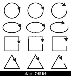 Drehpfeile eingestellt. Geometrische Pfeilsymbole. Symbole für die Vektordrehung. Formen mit verschiedenen Richtungen. Stock Vektor