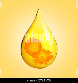 Calendula ätherisches Öl Tropfen mit Blumen innen auf goldenem Hintergrund Stockfoto