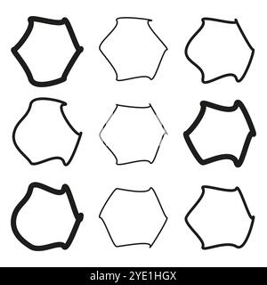 Abstrakte Polygonformen. Handgezeichnete unregelmäßige Linien. Schwarze Konturvektorelemente. Geometrisches minimalistisches Design. Stock Vektor