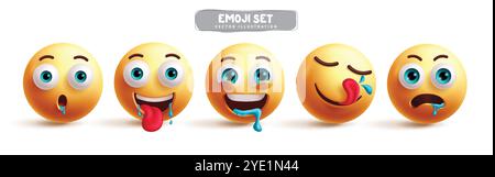 Emoji-hungrige Emoticon-Zeichen-Vektor-Set. Emojis 3D-Charakter in Dröhnen, Hunger, perversen, Durst, Speichelmund und zufriedenem Gesichtsausdruck Stock Vektor