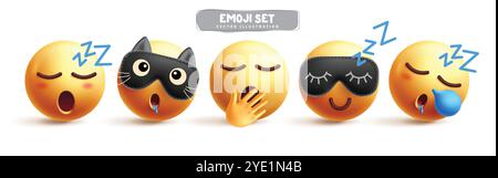 Emojis verschlafene Zeichen Emoticon Vektor gesetzt. Emoji 3D-Charakter wie Schlaf, Ruhe, Entspannung, Schnarchen, müde, ruhige und schlafende Grafikelemente in weiß Stock Vektor