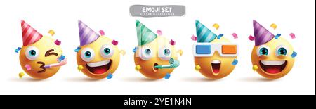 Emojis Geburtstag Emoticon Charaktere Vektor Set. Emoji-Emoticon-Charakter in Happy, Clown, Lächeln, Maskottchen, Kostüm mit buntem Partyhut in weiß Stock Vektor