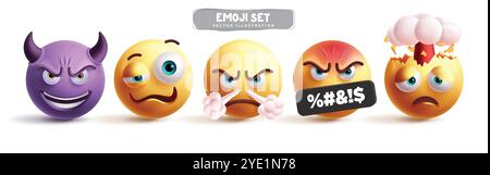 Emojis Angry Emoticon Charaktere Vektor Set. Emoji Emoticon Charakter in böse, betrunken, verrückt, explodieren, müde und teuflische Gesichtsausdruck in weiß Stock Vektor